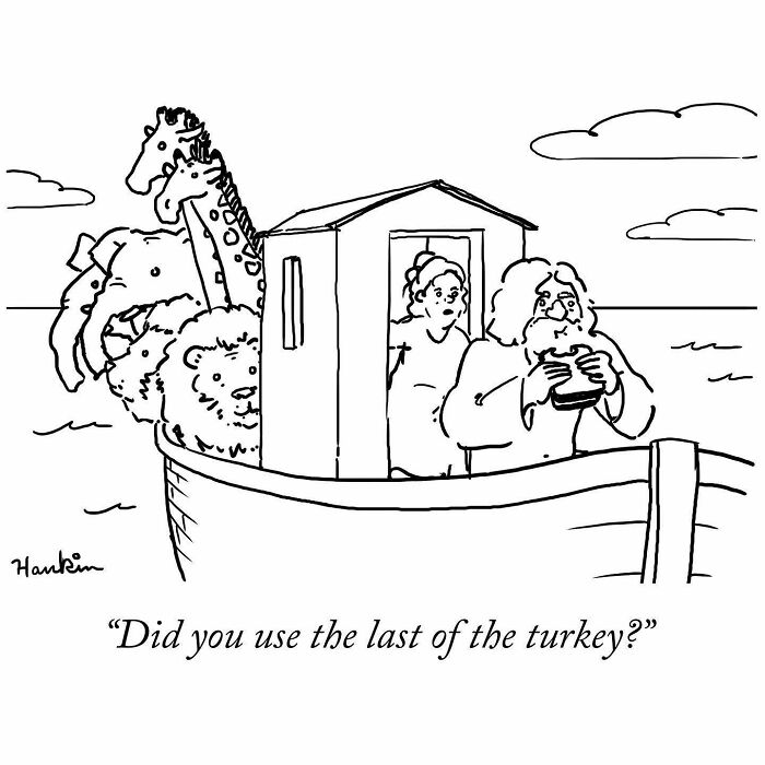 Black and white cartoon showing an artist's funny story with animals on a boat and a humorous single sentence caption.