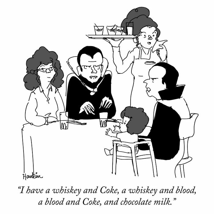 Black and white single-frame cartoon by artist showing a humorous family scene with vampire characters and a child at a table.