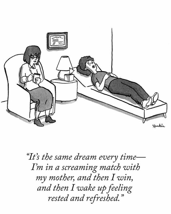 Black and white cartoon showing a patient telling a therapist a funny story in a single frame with one sentence.