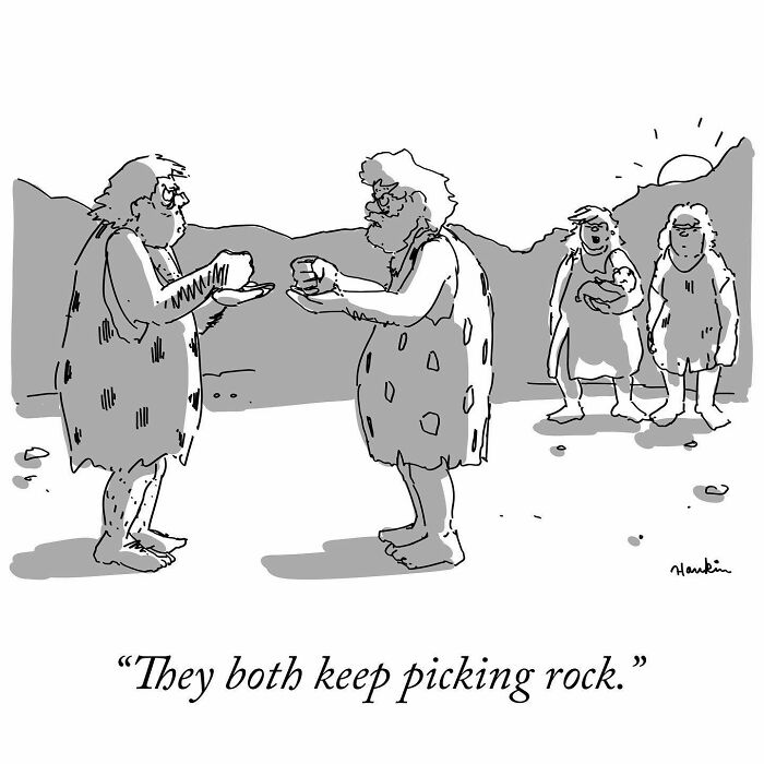 Cartoon by artist showing cavemen humorously telling a funny story in a single frame with one sentence caption.