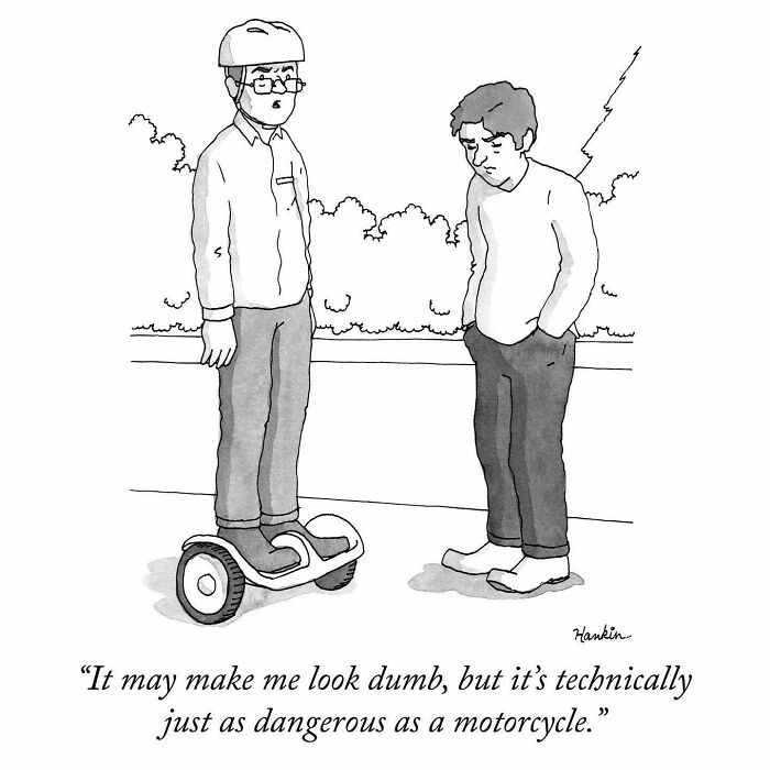 Black and white cartoon showing two men discussing the dangers of a hoverboard in a single frame artist story.