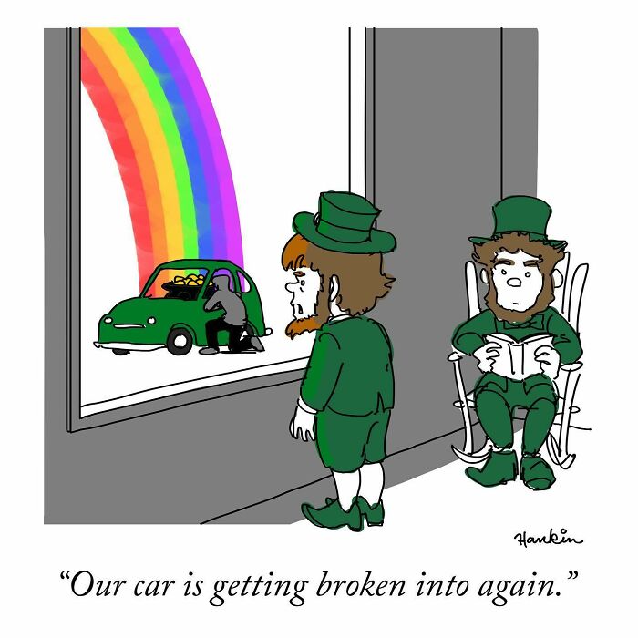 Cartoon artist tells funny stories with a single frame and sentence showing leprechauns and a rainbow car break-in.