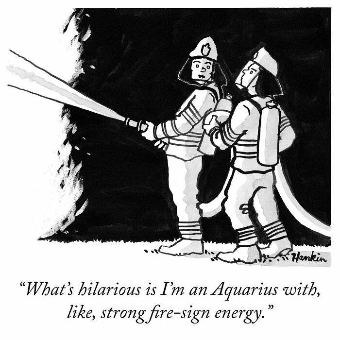 Two firefighters using a hose in a single frame artwork telling one of the funniest stories by the artist.