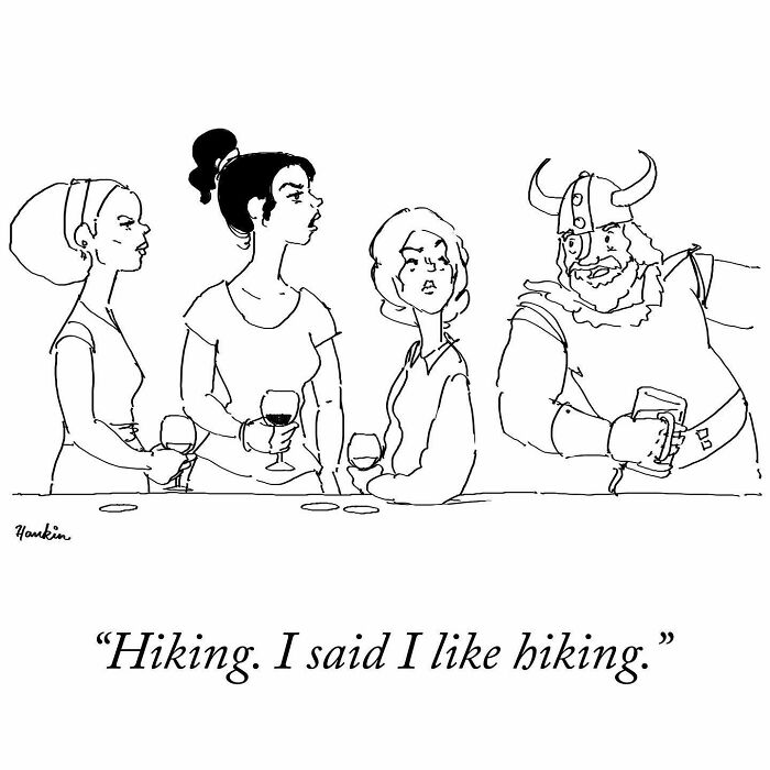 Black and white single frame comic showing three women and a Viking holding drinks, illustrating a funny storytelling artist’s work.