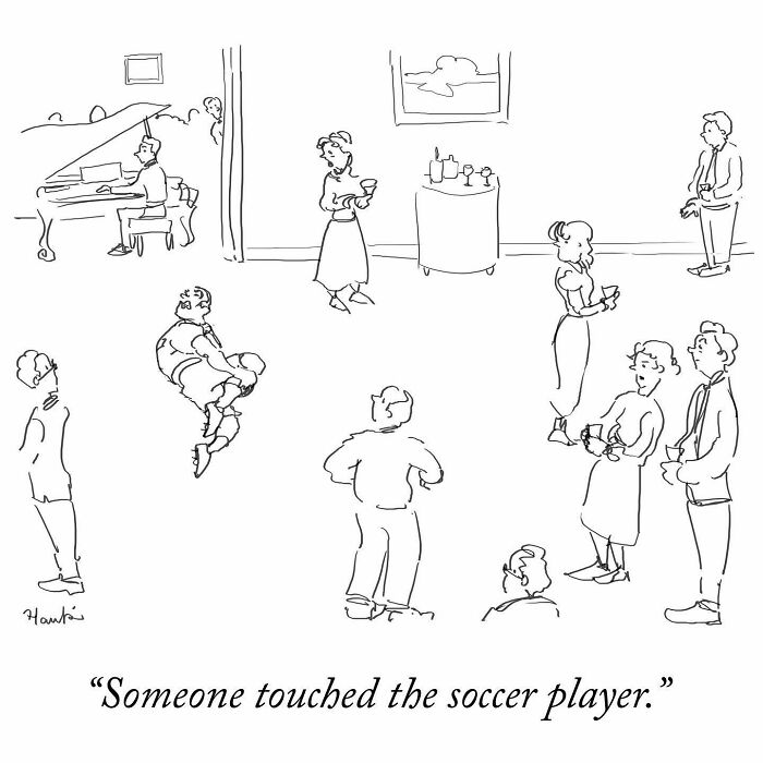 Line drawing of an artist’s single frame funny story showing guests reacting to a soccer player at a party.
