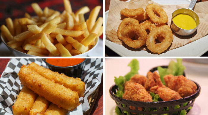 Close-up of fried snacks including fries, onion rings, mozzarella sticks, and chicken wings for Choose One Lose The Rest poll.