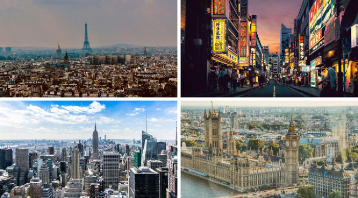 Collage showing iconic cityscapes including Paris, Tokyo, New York, and London for choose one lose the rest poll part 2.