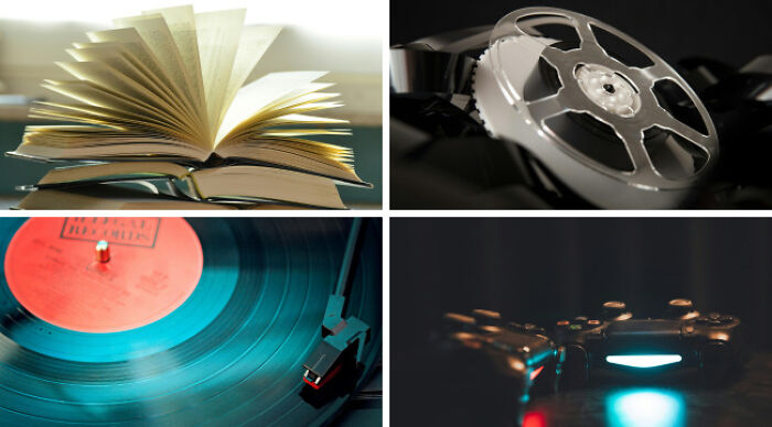 Open book flipping pages, vintage film reel, vinyl record on turntable, and glowing game controller for choose one lose the rest poll.