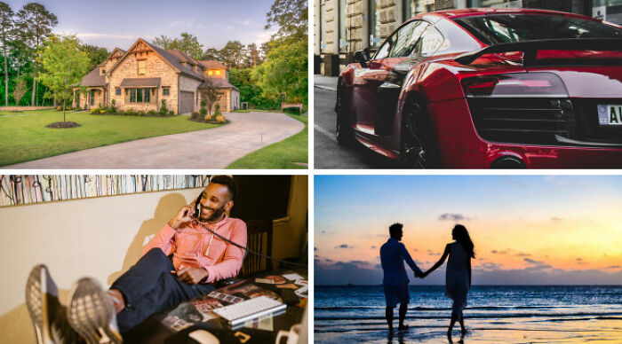 Collage of luxury house, red sports car, man relaxing on phone, and couple walking on beach at sunset for poll.