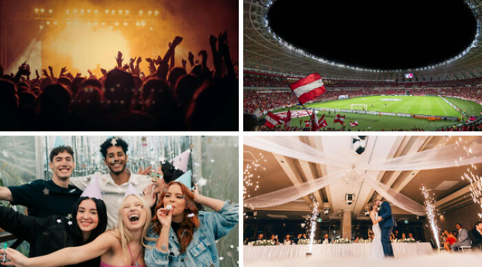 Crowds and celebrations at concerts, sports events, parties, and weddings in a vibrant Choose One Lose The Rest poll setting.