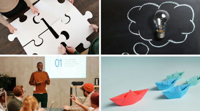 Hands assembling large puzzle pieces, lightbulb in thought bubble, presenter speaking, and paper boats symbolizing choose one lose the rest poll