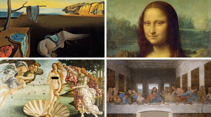 Collage of famous paintings including melting clocks, Mona Lisa, Birth of Venus, and The Last Supper for choose one lose the rest poll.
