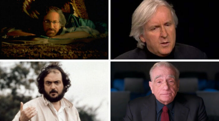 Four famous film directors in a choose one lose the rest poll collage, each in different interview or candid settings.