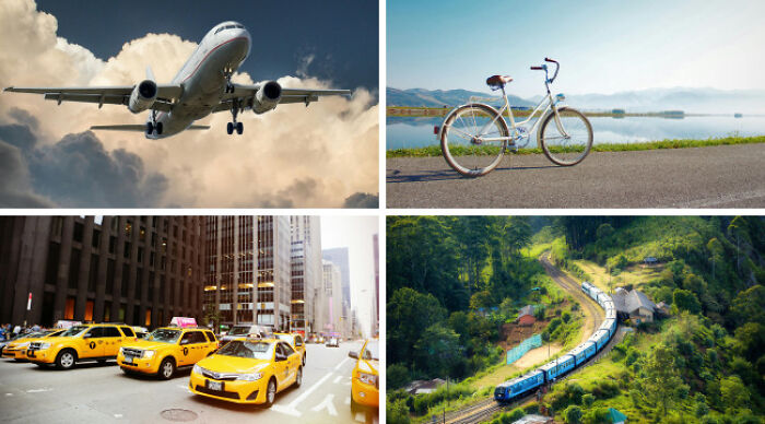 Collage of transportation options including airplane, bicycle, taxis, and a train in a green landscape for choose one lose the rest poll.