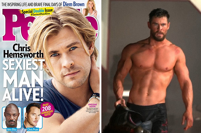 Chris Hemsworth and other Sexiest Man Alive winners featured for their looks and appeal in popular culture.