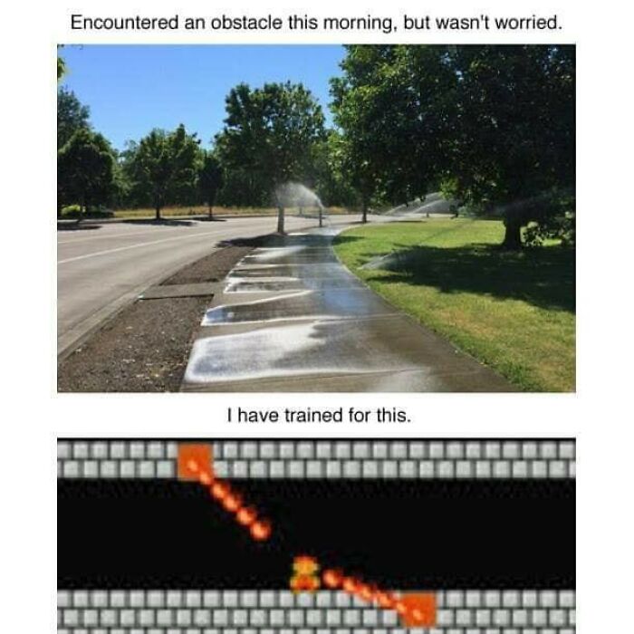 Sidewalk sprayed unevenly by sprinklers above image of pixelated video game character dodging fireballs, humorous dad gaming meme.