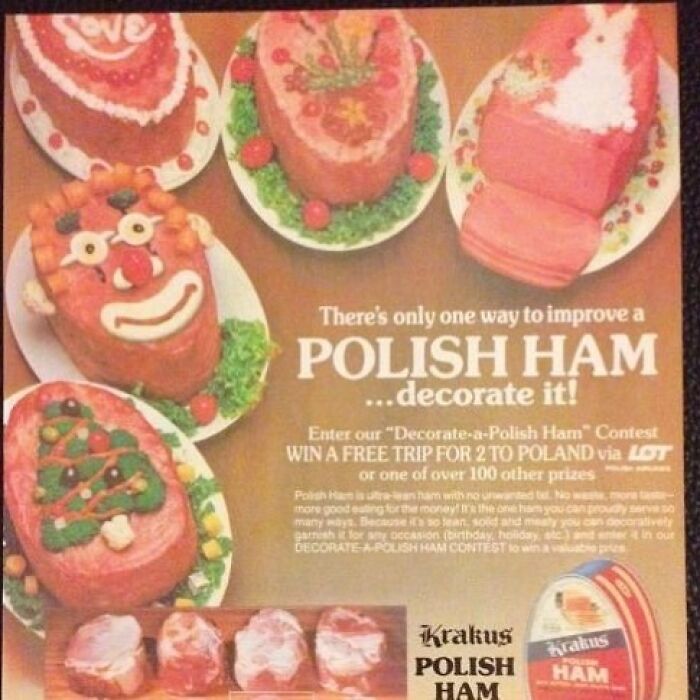 Vintage decorated Polish ham display with creative garnishes, illustrating disturbingly creative vintage recipes from Gen X era.