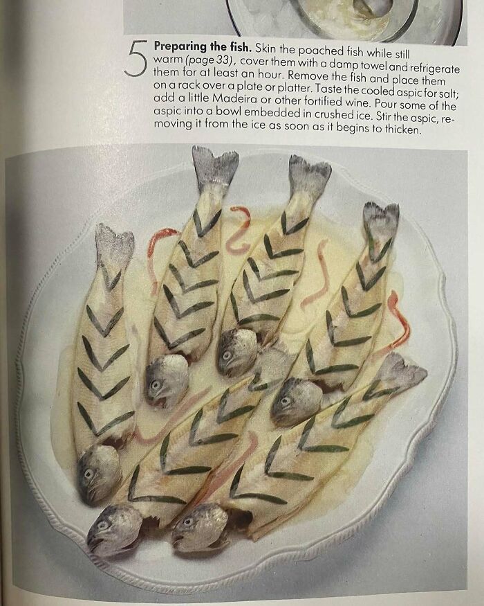 Plate of vintage aspic fish recipe with creative garnishing, exemplifying disturbingly creative vintage recipes from Gen X era.