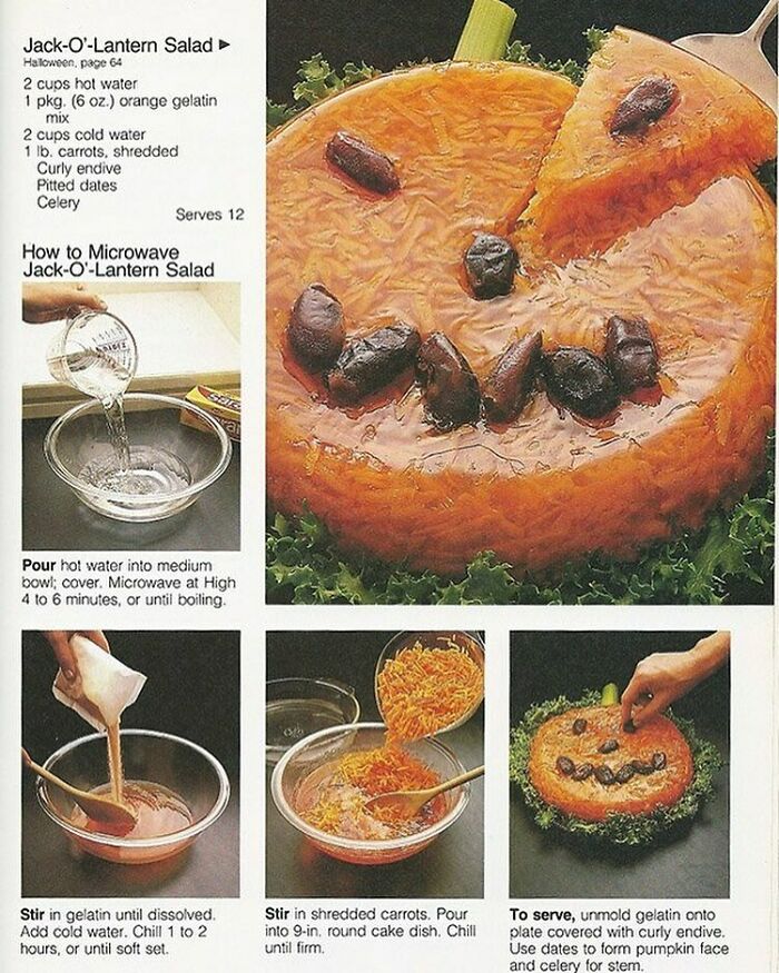 Vintage creative recipe for pumpkin-shaped gelatin salad with carrots and dates, showcasing disturbingly creative vintage recipes.