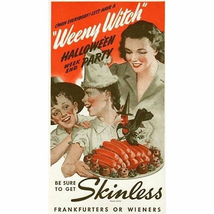 Vintage Halloween party advertisement featuring skinless frankfurters, showcasing disturbingly creative vintage recipes.