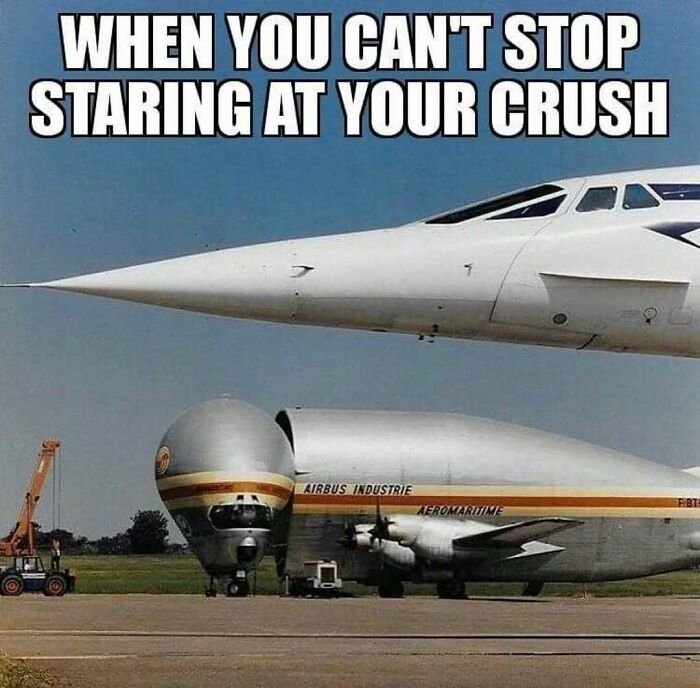 Humorous aviation meme showing unusual Airbus Industrie aircraft with text about staring at your crush.