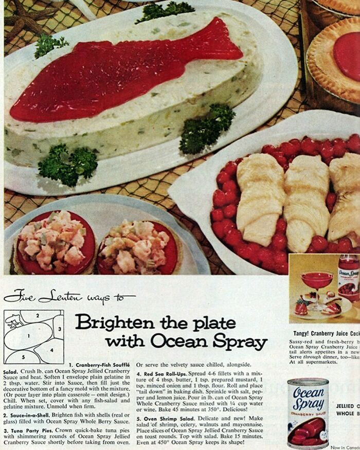 Vintage seafood and cranberry salad recipes featuring Ocean Spray from creative vintage recipe collection.