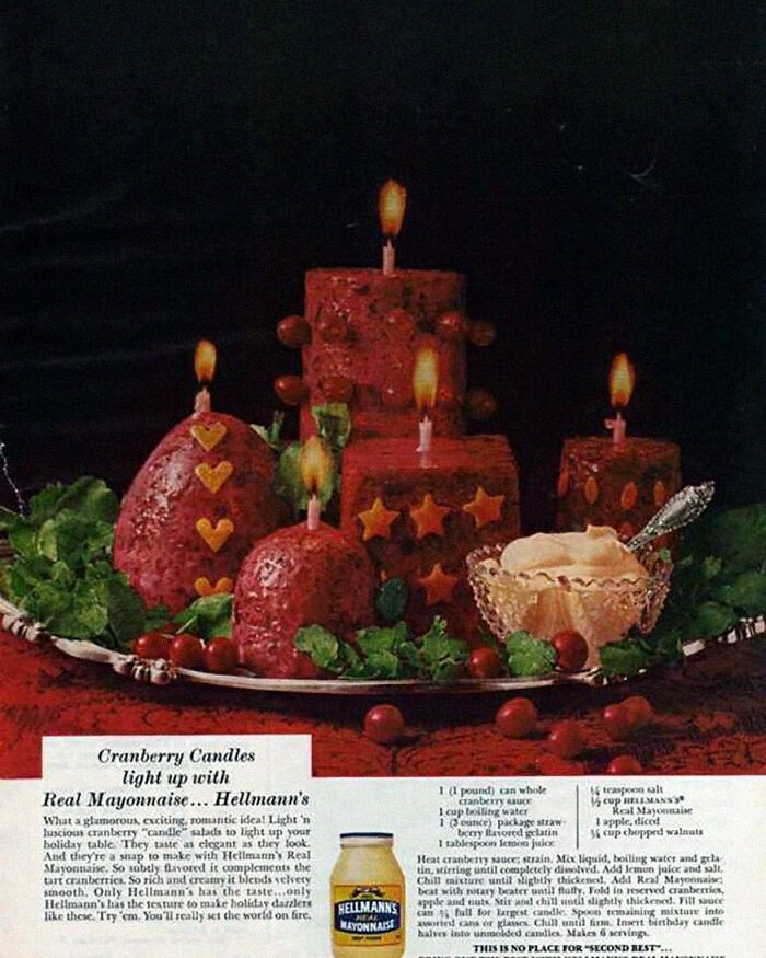 Vintage cranberry candles made with Real Mayonnaise displayed on a festive platter with greens and dips.