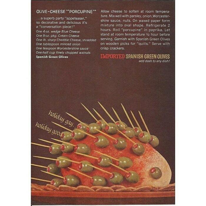 Vintage olive cheese porcupine appetizer with Spanish green olives and nuts, a creative retro recipe from Gen X era collections.