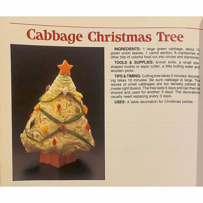 Vintage cabbage Christmas tree recipe showing a creative Gen X dish with colorful vegetable decorations for holiday parties.