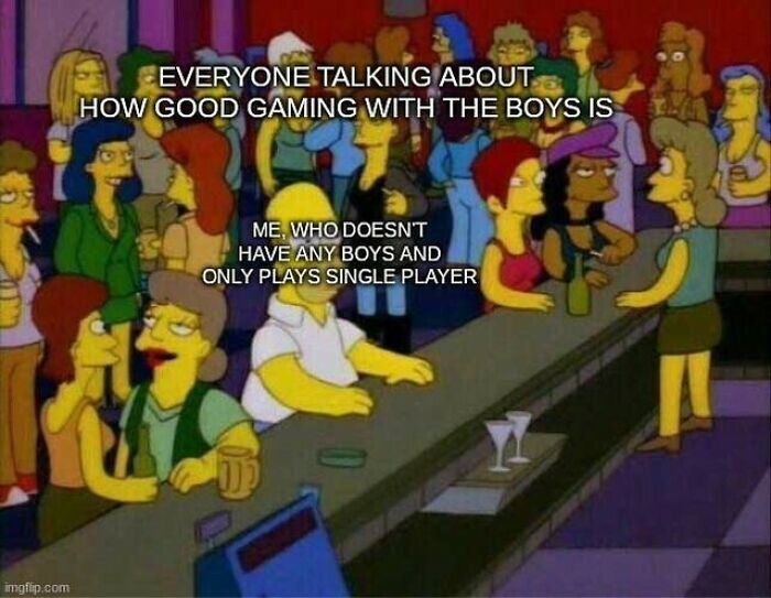 Scene from The Simpsons bar with text about gaming alone versus gaming with the boys, illustrating funny memes for dads gaming in peace.