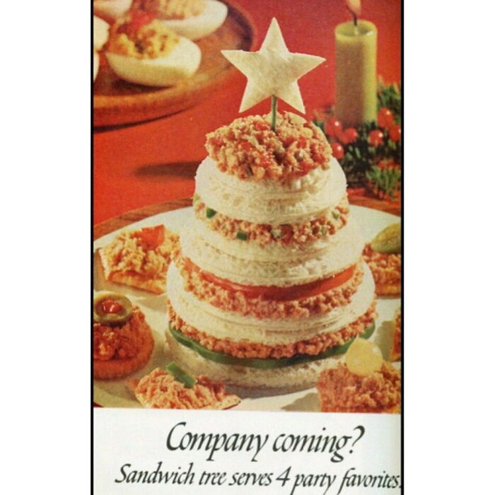 Vintage sandwich tree recipe with layered spreads and star decoration, showcasing disturbingly creative vintage recipes from Gen X era.
