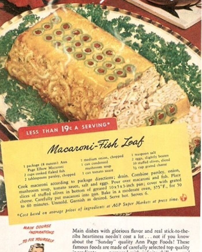 Vintage macaroni-fish loaf recipe with olives and cheese, showcasing disturbingly creative vintage recipes from Gen X era.