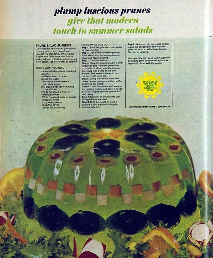 Vintage prune salad recipe in gelatin mold with fruits, showcasing disturbingly creative vintage recipes from Gen X era.