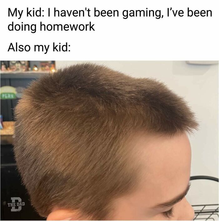 Child’s uneven haircut contrasting with claim of doing homework, a humorous moment for dads wanting gaming peace.