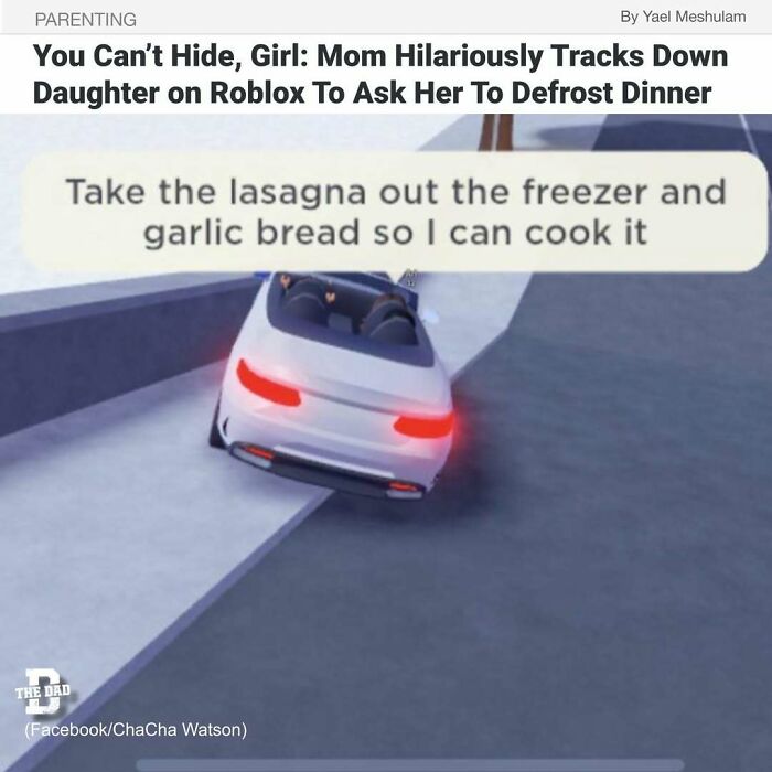 Roblox gameplay screenshot with a mom messaging her daughter to defrost dinner during gaming session.