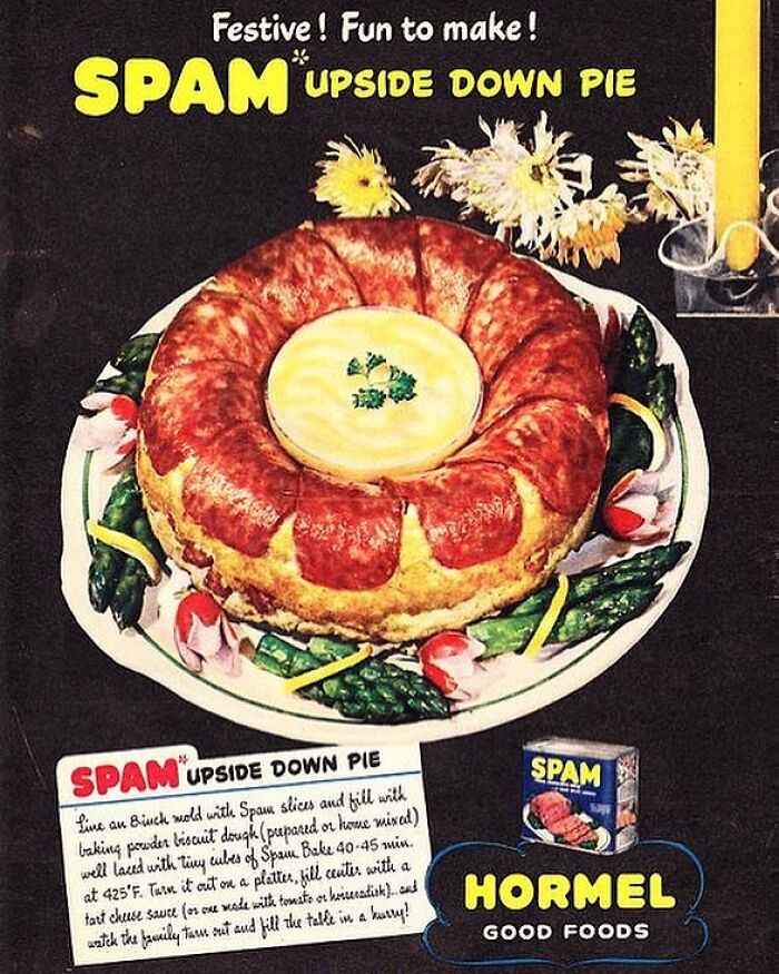 Vintage Spam upside down pie recipe on a plate with asparagus, showcasing disturbingly creative vintage recipes from Gen X era.