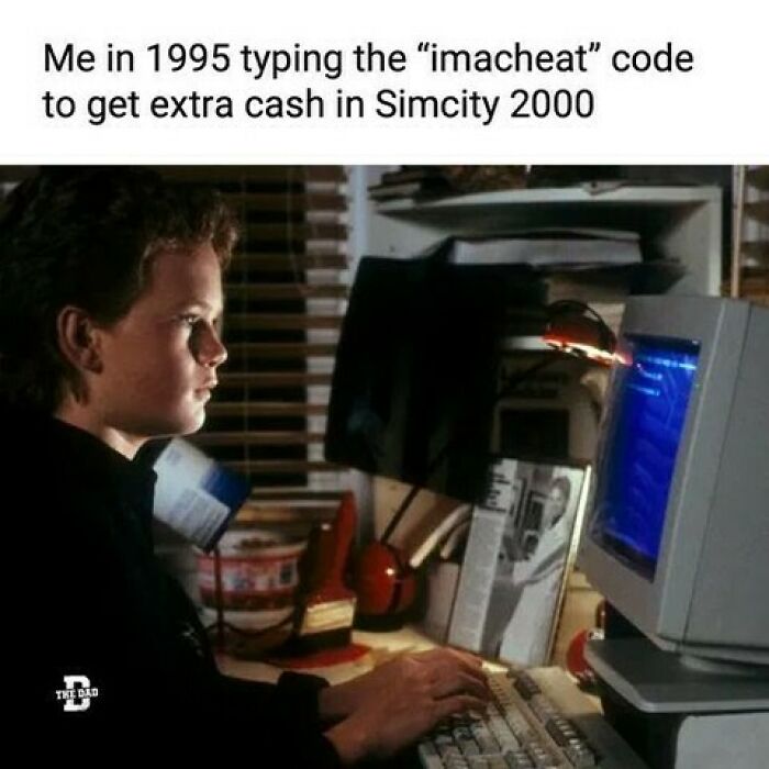 Teen boy in 1995 typing cheat code on old computer, nostalgic gaming meme for dads who want to game in peace.