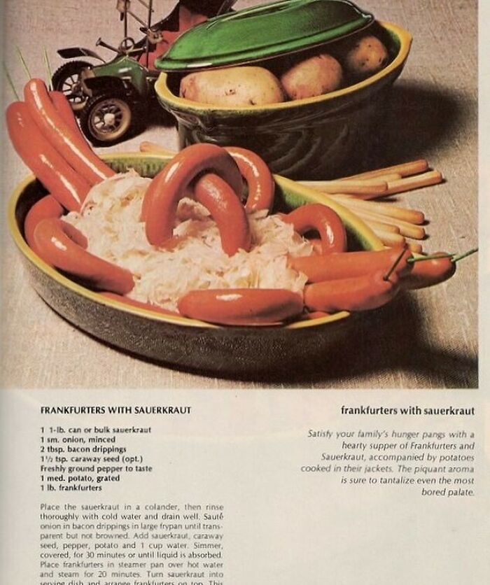Vintage frankfurters with sauerkraut recipe showcasing disturbingly creative vintage recipes from Gen X era.