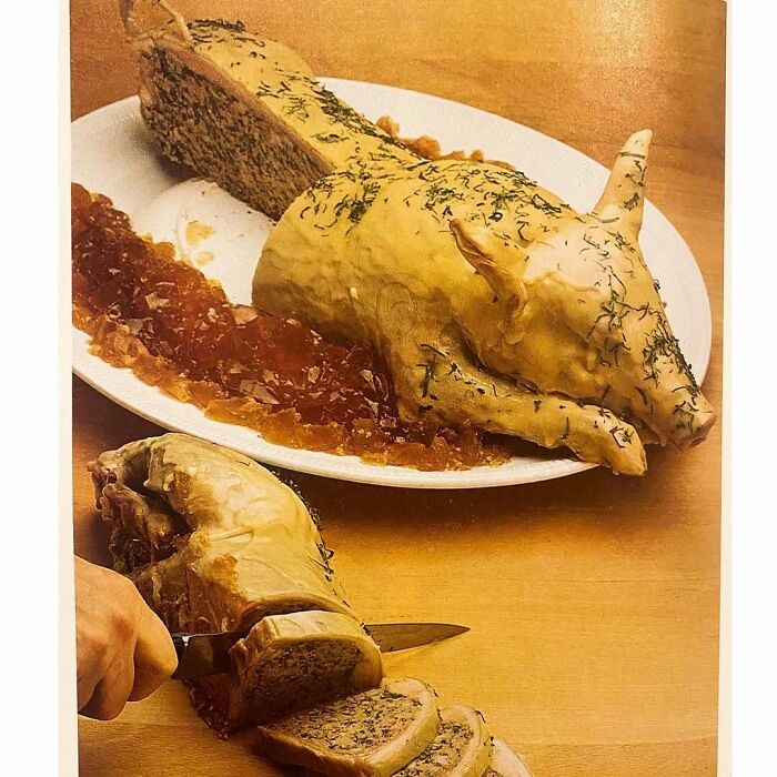 Vintage creative recipe shaped like a pig with jelly, showcasing disturbing Gen X food presentation style.