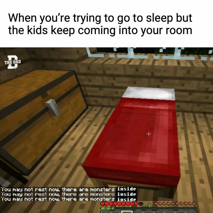 Minecraft bedroom scene showing a red bed with a message about monsters, illustrating funny memes for dads who want to game in peace.