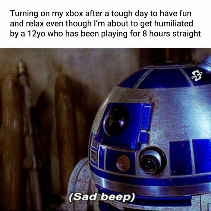 Sad R2-D2 from Star Wars representing dads who just want to game in peace after a tough day on Xbox.