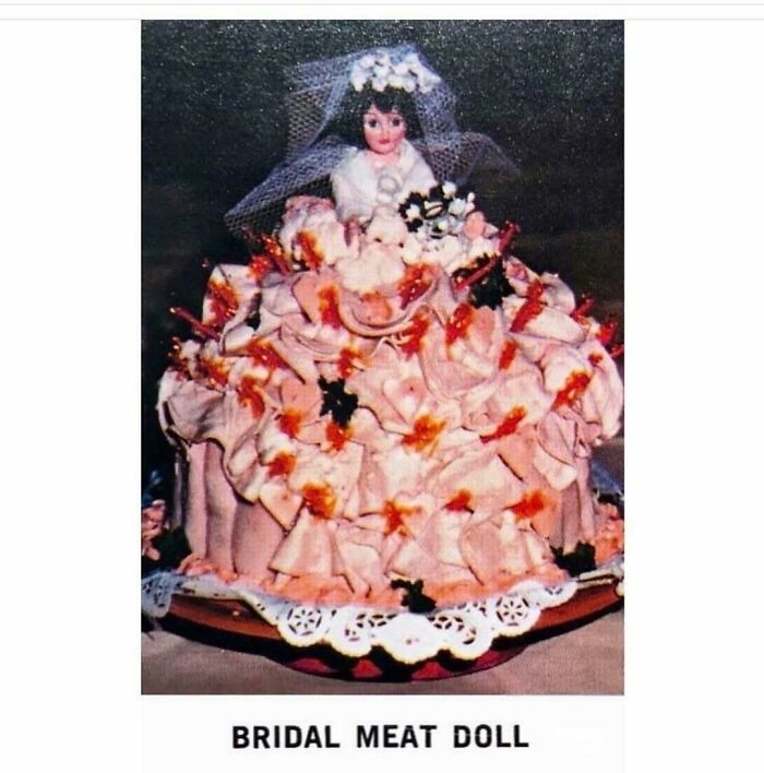 Vintage bridal meat doll recipe creatively combines cold cuts into a disturbing retro Gen X vintage recipe display.