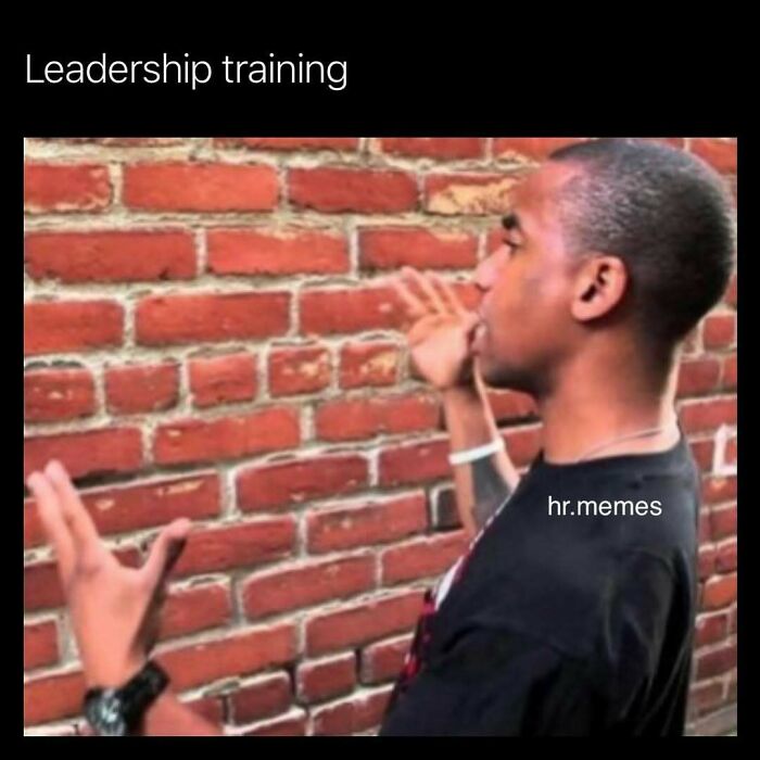 Man demonstrating leadership training by talking to a brick wall, illustrating chaos of working in human resources memes.
