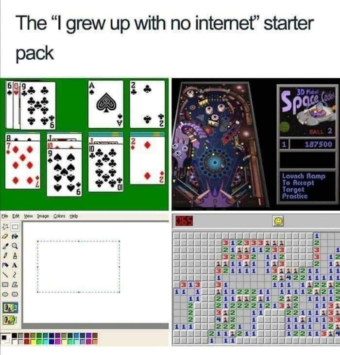 Classic computer games like Solitaire, Minesweeper, and Paint from the no internet era in funny memes for dads gaming peace