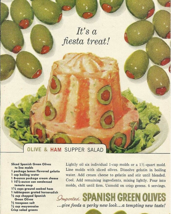 Vintage olive and ham supper salad recipe with gelatin and cream cheese, showcasing disturbingly creative vintage recipes.