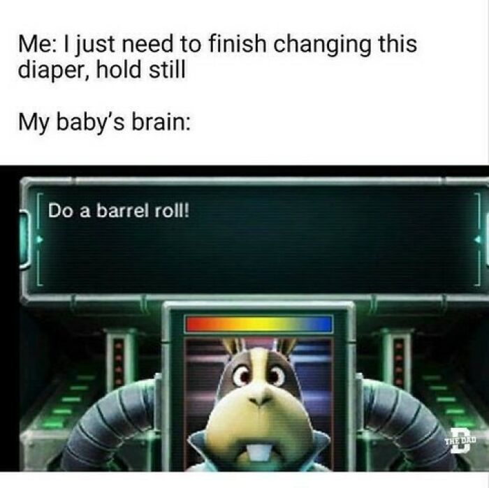 Funny gaming meme showing a dad trying to change a diaper with a baby's brain saying do a barrel roll.