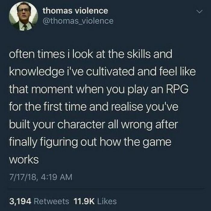 Tweet about gaming skills and character building, humor relatable for dads who just want to game in peace memes.