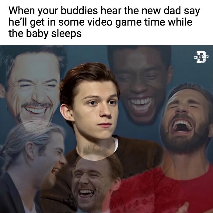 Young dad focused on gaming while friends laugh, capturing the humor of dads wanting video game time in peace.