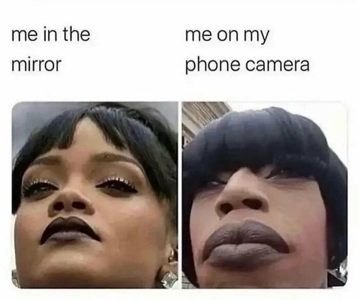 Side-by-side close-up meme showing makeup and fashion differences in mirror versus phone camera selfies.