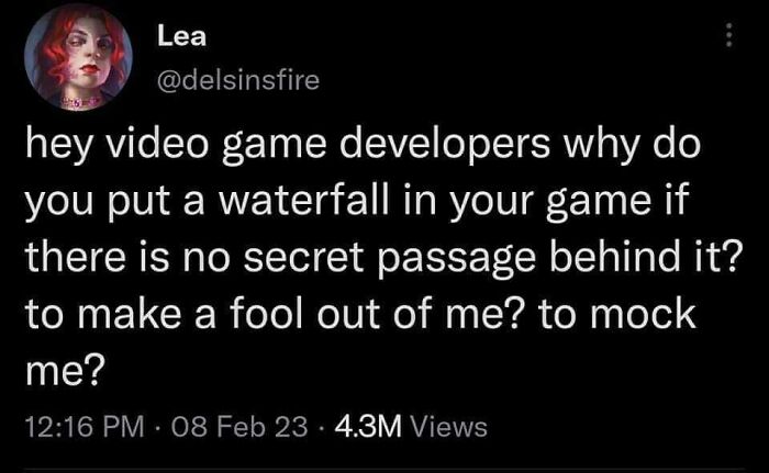 Funny meme text about video game developers adding waterfalls without secret passages, for dads who want to game in peace.
